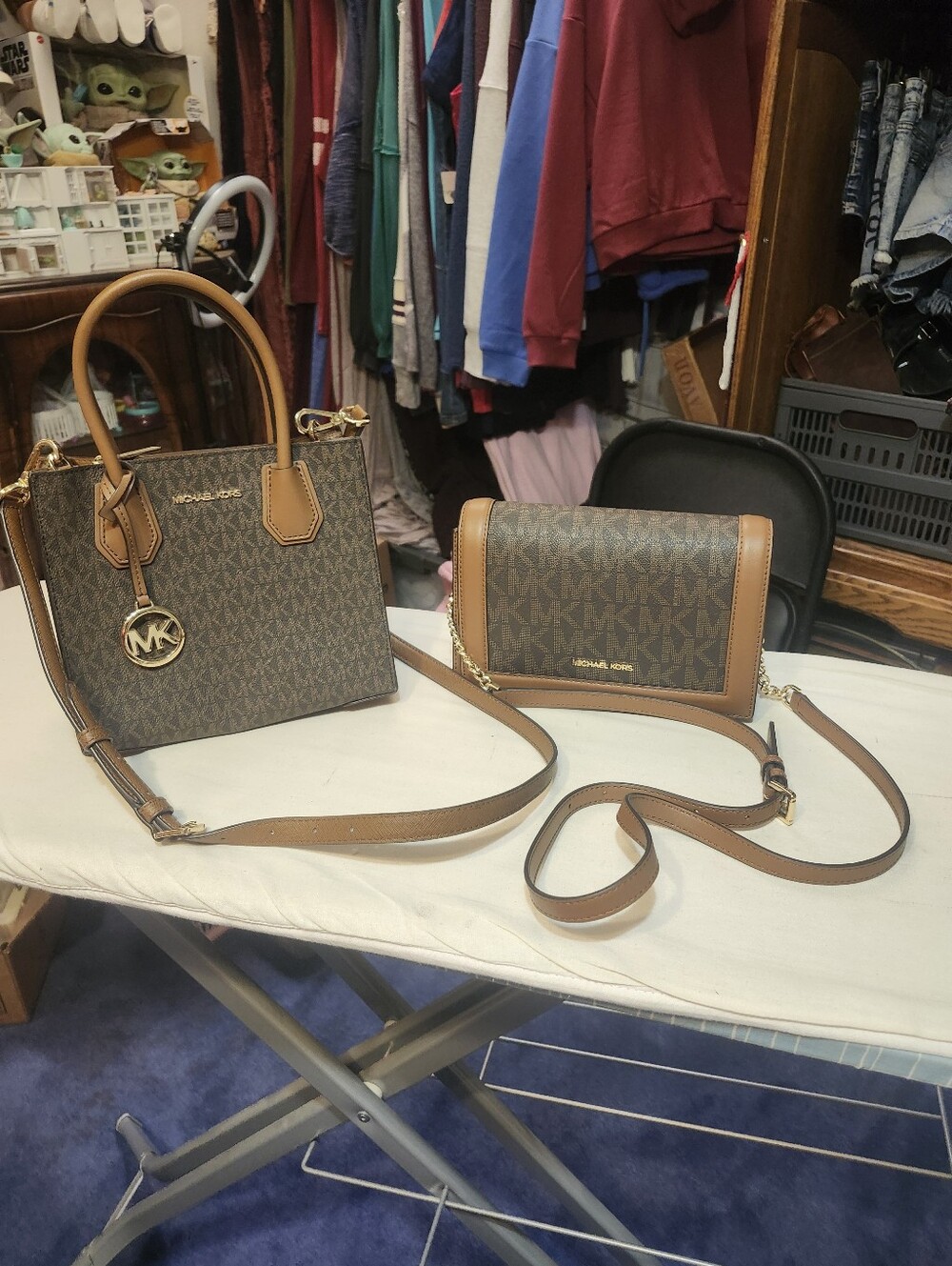 Set of 2 Michael Kors Logo Print Crossbody and Satchel Handbag Set acorn
